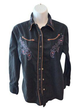 Wrangler Blues Womens S Black Embroidered Paisley Snap Western Cowgirl Shirt